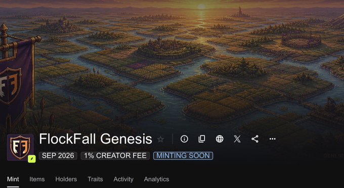 A webpage for the FlockFall Genesis NFT collection with a fantasy landscape background, showing 'SEP 2026', '1% CREATOR FEE', and a 'MINTING SOON' badge.