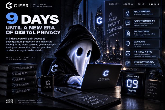 A promotional poster for 'CIFER' with the headline '9 DAYS UNTIL A NEW ERA OF DIGITAL PRIVACY'. A hooded ghost-like figure uses a laptop, with a countdown showing '09 DAYS' and feature lists including 'PRIVATE PAYMENTS', 'ENCRYPTED MESSAGING', 'FILE ENCRYPTION', 'SECURE VPN', 'PROTECTED PHOTOS', and 'WEB3-NATIVE IDENTITY'.
