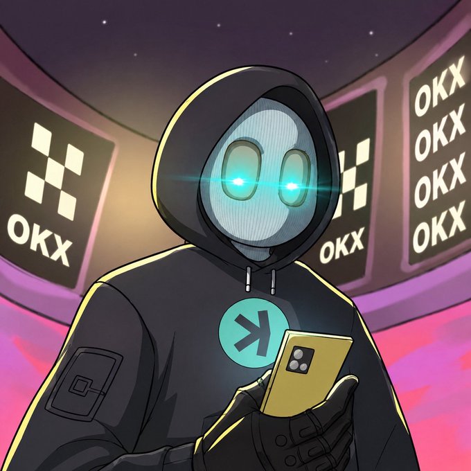 A hooded robotic figure with glowing teal eyes and an OKX logo on its chest holds a gold smartphone, set against a backdrop of multiple "OKX" branding screens and a starry purple sky—visually promoting the upcoming Twitch stream sponsored by OKX.