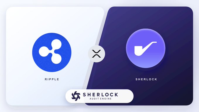 The image displays a partnership graphic featuring the blue Ripple logo and purple Sherlock logo separated by an X (exchange symbol), with a banner reading "SHERLOCK AUDIT ENGINE" at the bottom. The visual represents Sherlock's new AI-powered security audit collaboration with Ripple to review the V1.1 Lending Protocol on the XRP Ledger.
