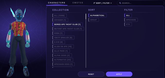 A character selection screen showing an iridescent, futuristic humanoid figure on the left, with filter options including 'Bored Ape Yacht Club', 'Mutant Ape Yacht Club', 'Koda', and '10KTF Grailed' listed under Collection.