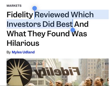A Markets article headline by Myles Udland reads "Fidelity Reviewed Which Investors Did Best And What They Found Was Hilarious," accompanied by a photo of the Fidelity logo on a building with people in the foreground, visually tying to the post's discussion about Fidelity's research on which types of investors performed best in the market.