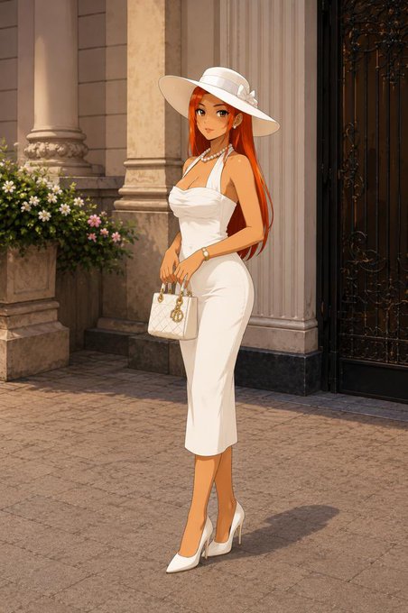 An anime-style illustration of a red-haired woman wearing a white dress, white sun hat, pearl necklace, and holding a white designer handbag outside an ornate building.