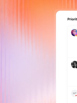 A blurred gradient background of orange, pink, and purple hues, with a partial white panel on the right showing the word 'Priorit' and circular user avatars.