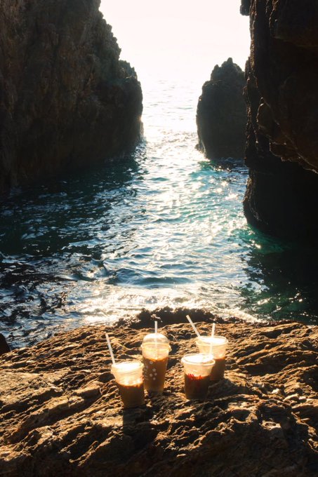 Four iced coffee drinks with straws sit on rocky shoreline ground, with sunlit turquoise water and ocean rock formations in the background.