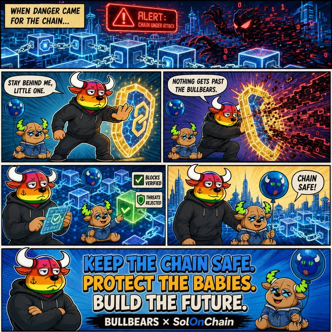 A comic strip advertises 'Bullbears x SolOnChain' with the tagline 'Keep the Chain Safe, Protect the Babies, Build the Future,' featuring mascot characters defending against a 'Chain Under Attack' alert.