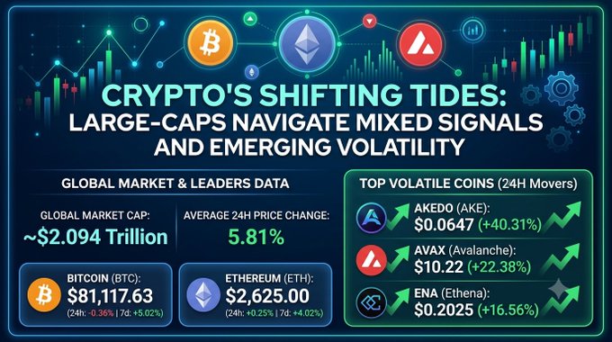 A crypto market dashboard titled 'CRYPTO'S SHIFTING TIDES: LARGE-CAPS NAVIGATE MIXED SIGNALS AND EMERGING VOLATILITY' showing a Global Market Cap of ~$2.094 Trillion and Bitcoin at $81,117.63 (-0.36%), with top volatile coins including AKEDO ($0.0647, +40.31%), AVAX ($10.22, +22.38%), and ENA ($0.2025, +16.56%).