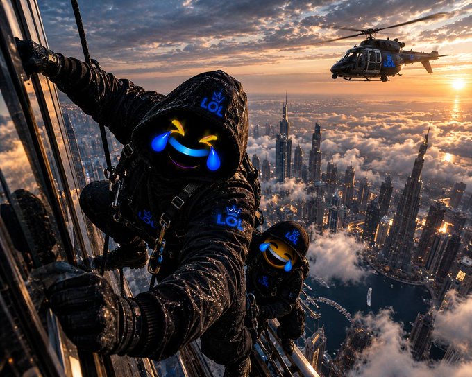 Two climbers in dark hooded jackets with glowing 'LOL' face logos scale a skyscraper at sunset while a helicopter hovers above a city partially obscured by clouds.