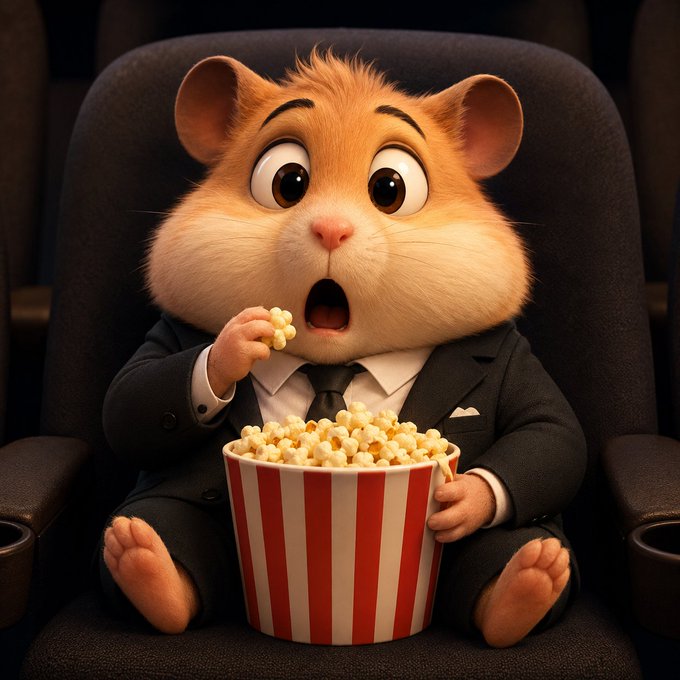 The image features an animated hamster sitting in a chair while holding a bucket of popcorn. The hamster appears surprised or startled as if something unexpected has happened, possibly related to the Bitcoin price falling. The caption below the image reads "Meanwhile, the price of Bitcoin continues to fall, and it currently stands at $60, 840... We'r keeping a close eye on the situation together with you".