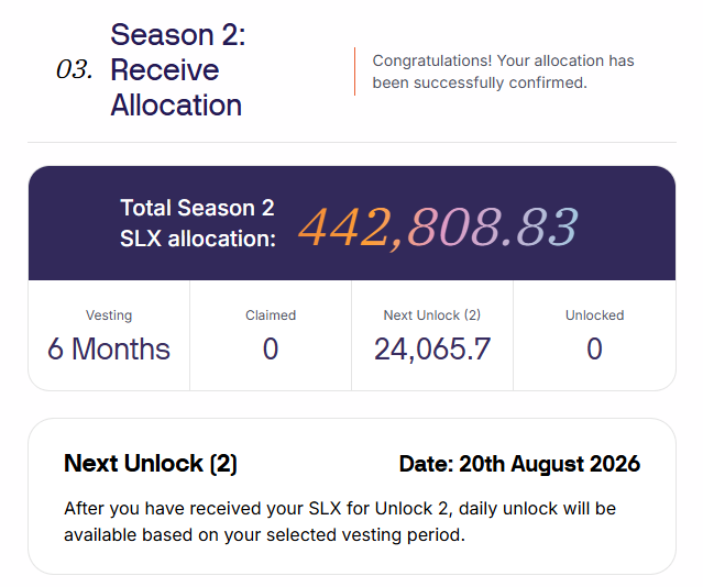 A confirmation screen for 'Season 2: Receive Allocation' shows a 'Total Season 2 SLX allocation' of 442,808.83 with vesting and unlock details.