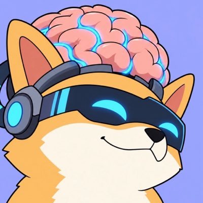 A cartoon illustration depicts a smiling orange and white dog (Shiba Inu-style) wearing futuristic glowing blue VR goggles, with a transparent pink brain floating above its head against a purple background.