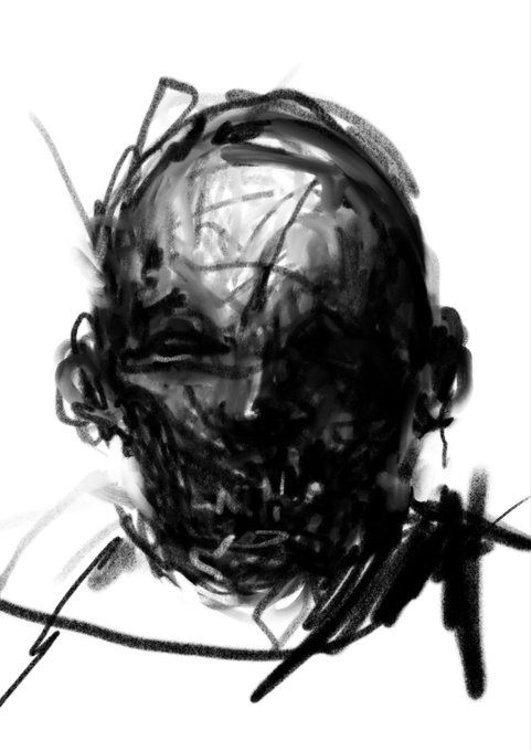 A heavily stylized, abstract charcoal or digital sketch of a human face composed of rough, dark, sweeping lines and shadows against a stark white background.