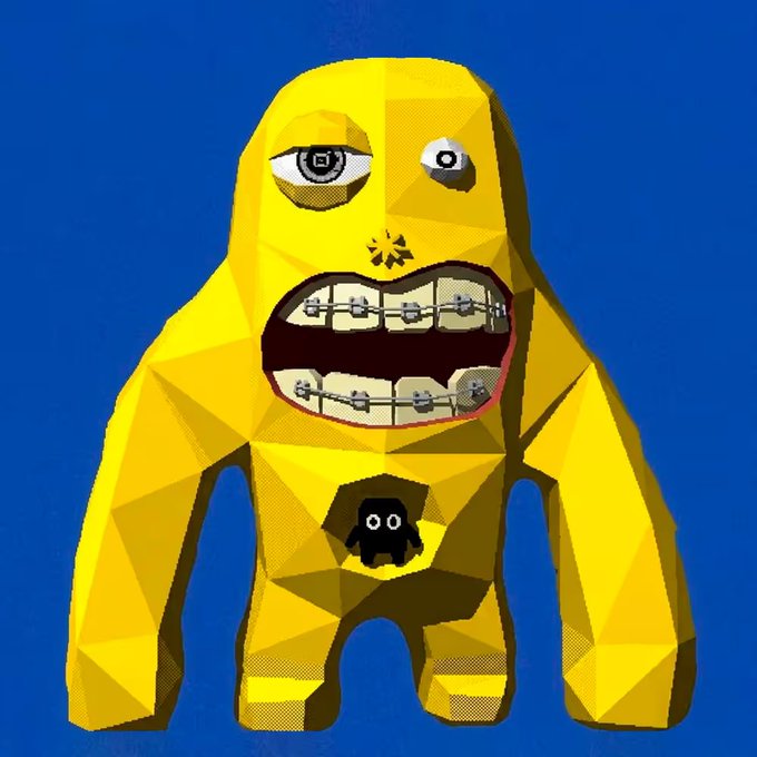 A low-poly 3D render of a yellow humanoid figure with a wide grimacing mouth showing braces, mismatched eyes, and a small black creature embedded in its torso against a blue background.
