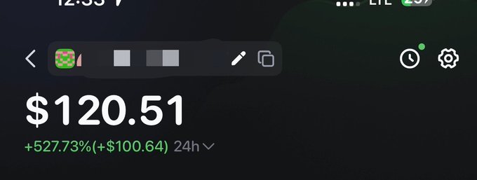 A trading app displays a portfolio balance of **$120.51**, up **+527.73% (+$100.64)** over 24 hours, reflecting the modest gains referenced in the post's "not much but honest work" comment about earning "magic internet money."