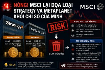 A Vietnamese news graphic warns that MSCI may remove Strategy (MSTR) and Metaplanet from its index, with the image highlighting each company's negative year-to-date performance (Strategy: -428,080 BTC, Metaplanet: -16,568 BTC) alongside a risk warning that delisting could force index funds to sell their shares, adding pressure to the Bitcoin Treasury model.