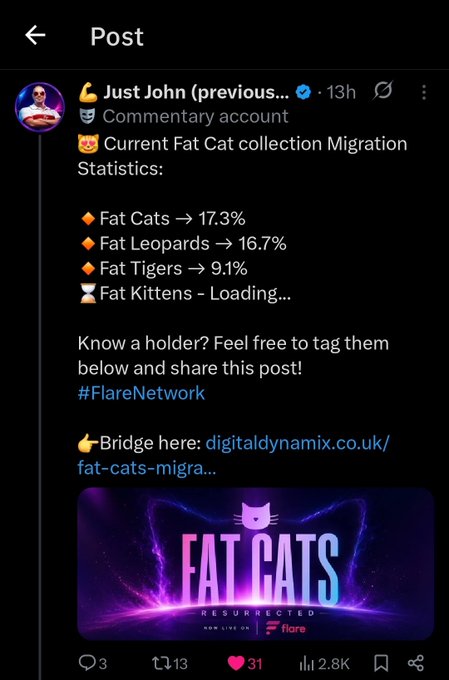 A screenshot of a tweet by "Just John" sharing Fat Cat collection migration statistics on Flare Network, showing 17.3% Fat Cats, 16.7% Fat Leopards, 9.1% Fat Tigers, with Fat Kittens loading. The post promotes NFT-driven user retention ("stickiness") within blockchain networks, tying the Fat Cats NFT migration shown into the broader argument that infrastructure providers should leverage NFTs to compete for liquidity beyond just yield.
