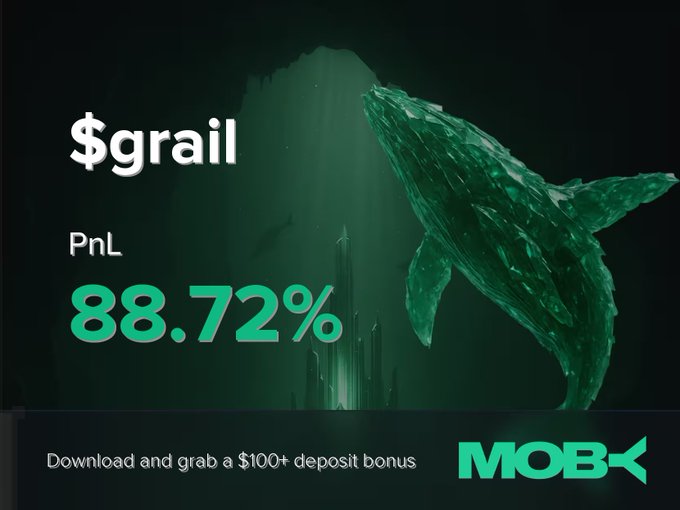 The image features an advertisement for a cryptocurrency exchange where the main focus is a green whale sculpture with its head raised up, seemingly floating in front of a castle. The background of the advertisement displays text that highlights the success of a trader on the mobile device's screen, indicating their recent accomplishment.