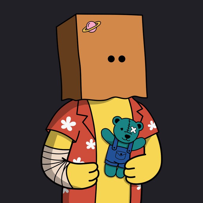 A cartoon illustration of a character wearing a brown paper bag over its head, a yellow shirt, a red Hawaiian shirt, and holding a stitched-up teal teddy bear.