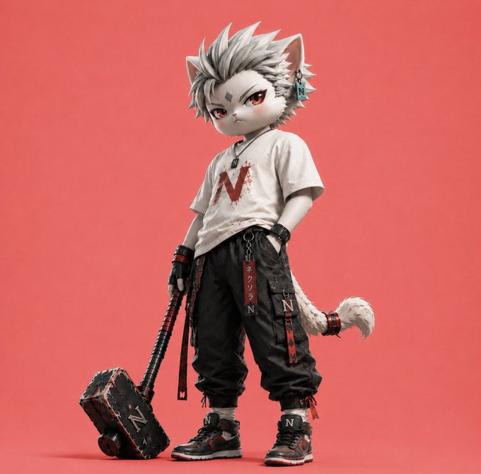 A 3D rendered anthropomorphic white wolf character stands against a red background, wearing a white t-shirt with a red 'N' logo, black cargo pants, and sneakers. The character holds a large, blocky hammer also bearing the 'N' symbol.