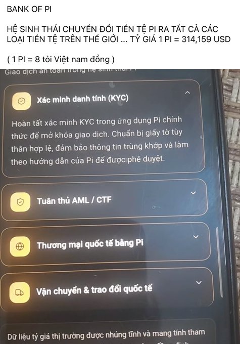 A Vietnamese-language informational graphic titled 'BANK OF PI' explaining the Pi ecosystem, KYC verification, AML/CTF compliance, international trade, and global money transfer, noting an exchange rate of 1 PI = $314.159.