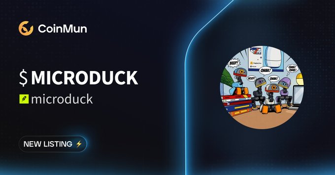 A CoinMun crypto listing graphic announces “$ MICRODUCK” and “microduck” with a “NEW LISTING” badge beside a circular image of cartoon ducks.
