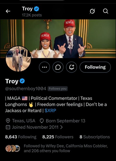 The image shows Troy's (@southernboy1004) X/Twitter profile featuring a header photo of two people wearing red MAGA hats with a "47" reference, and a bio identifying him as a MAGA Political Commentator from Texas who supports $XRP. The post celebrates Troy as a dedicated XRP holder and encourages others to follow his account.