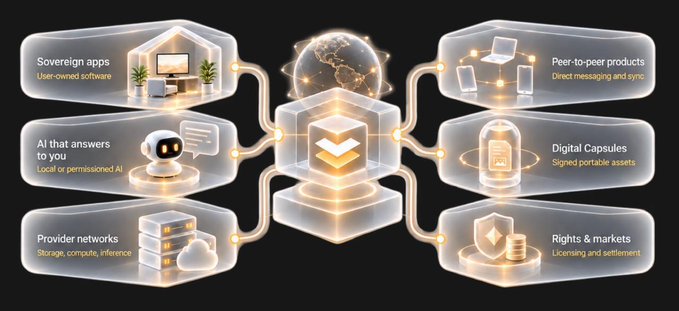 A digital infographic illustrating a decentralized ecosystem with a central globe connected to features like Sovereign apps, AI, Provider networks, Peer-to-peer products, Digital Capsules, and Rights & markets.