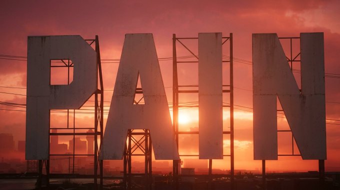 Large metallic "PAIN" letters stand against a fiery red-orange sunset, perfectly visualizing the post's message of severe market loss following Saylor's sell-off.