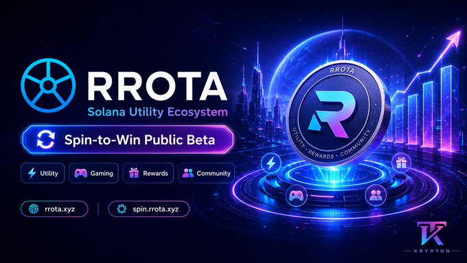 A promotional graphic for RROTA, branded as the "Solana Utility Ecosystem," announces its "Spin-to-Win Public Beta" alongside feature icons for Utility, Gaming, Rewards, and Community, with web addresses rrota.xyz and spin.rota.xyz and a Krypton logo at the bottom right. The image visually reinforces the post's message by showcasing the project as an established, feature-rich platform building utility on Solana before its $RTA token expansion.