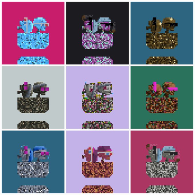 A 3x3 grid of pixel art mushroom-like or potion bottle icons in various color schemes including blue, purple, gold, black, and pink backgrounds.