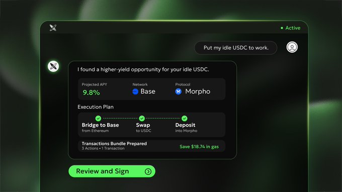 An AI agent interface suggesting a 9.8% APY yield opportunity for idle USDC on the Base network via Morpho protocol, with an execution plan to Bridge to Base, Swap to USDC, and Deposit into Morpho, saving $18.74 in gas.