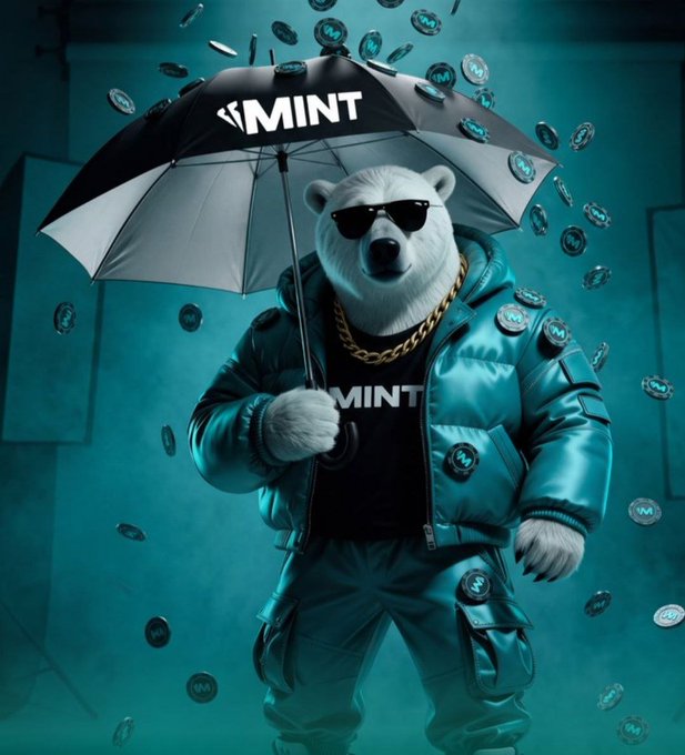 A digital artwork of a polar bear mascot wearing sunglasses, a gold chain, and a teal puffer jacket, holding an umbrella labeled 'MINT' while surrounded by floating tokens.