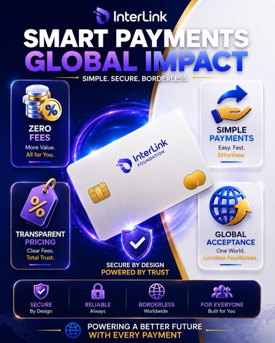 A promotional banner for 'InterLink' titled 'Smart Payments Global Impact,' highlighting 'Zero Fees,' 'Simple Payments,' 'Transparent Pricing,' and 'Global Acceptance' with a white credit card graphic in the center.