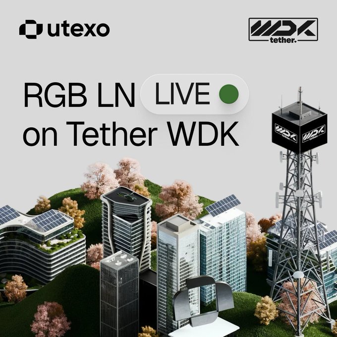 A promotional graphic with the logos for Utexo and WDK Tether announces 'RGB LN LIVE on Tether WDK', featuring a stylized 3D miniature city with solar panels and a communication tower.