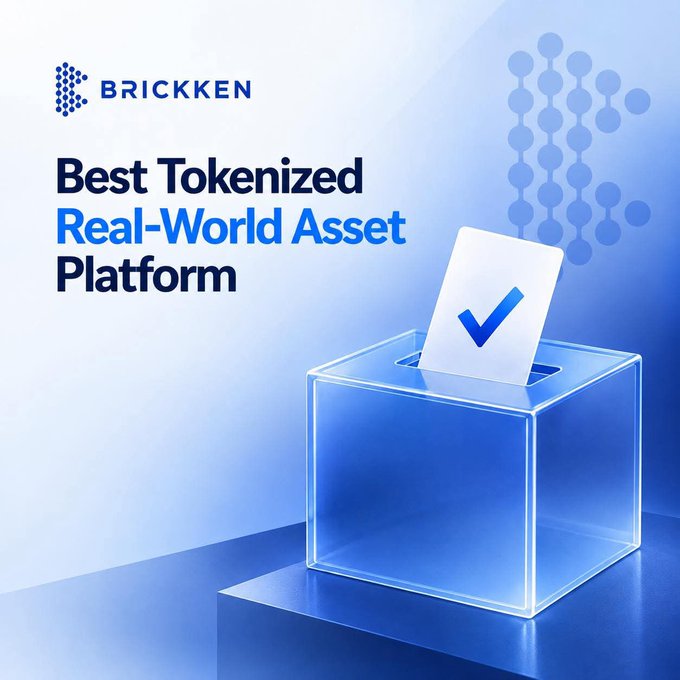 A promotional graphic for 'BRICKKEN' labels it the 'Best Tokenized Real-World Asset Platform,' featuring a glowing blue ballot box with a checkmark.