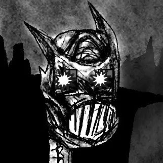 A black and white sketch of a menacing character with pointed ears, star-shaped pupils, and a wide grinning mouth.