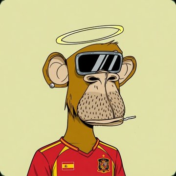 A cartoon illustration of a monkey wearing sunglasses, a halo, and a Spain soccer jersey.