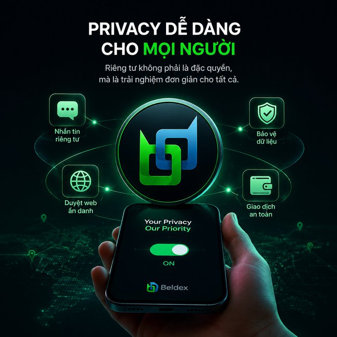 A Vietnamese promotional graphic for Beldex cryptocurrency titled 'PRIVACY DỄ DÀNG CHO MỌI NGƯỜI' featuring a phone with privacy toggle and icons for messaging, security, browsing, and transactions.