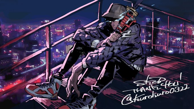 An anime-style illustration of a cyberpunk ninja character wearing a conical hat and mask, holding a katana on a rooftop overlooking a neon-lit cityscape at night.