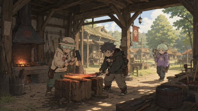 An anime-style illustration of three characters in a rustic blacksmith workshop, with one hammering a glowing piece of metal on an anvil, another watching, and a third standing in the background.