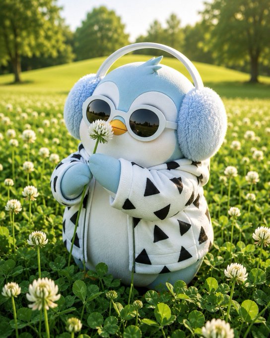A cute blue plush owl wearing fuzzy earmuffs, sunglasses, and a black-and-white triangle-patterned hoodie stands in a sunny clover field, gently holding a single white clover flower to its beak.

The image perfectly captures the post's message to slow down and appreciate simple joys—showing a relaxed, cozy owl savoring a tiny bloom in a peaceful meadow, mirroring the carefree Sunday vibe of enjoying life's little moments.