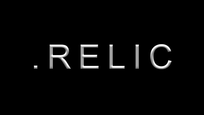 A minimalist black background displaying the text ".RELIC" in white, slightly textured typography.