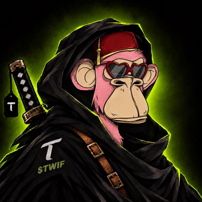 A digital illustration of a pink cartoon monkey wearing heart-shaped sunglasses, a red fez hat, and a black hooded cloak, with a sword on its back and the text 'T $TWIF' on its chest.
