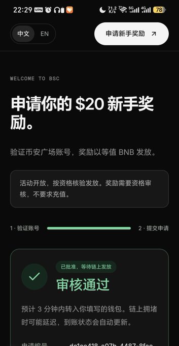 A screenshot of a mobile webpage in Chinese promoting a "$20 newbie reward" from Binance Square (BSC), with a green checkmark indicating "审核通过" (audit passed) and text noting the reward will be issued in equivalent BNB. The post endorses the "bpays.fun/claim" link, confirming the quick approval process shown on screen.