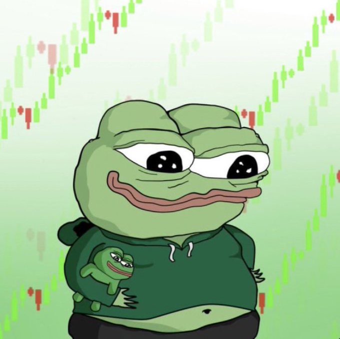 A cartoon image of the "Sad Frog" (Pepe) meme holding a smaller version of itself, with green candlestick charts in the background.
