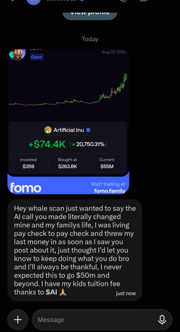 A screenshot of a trading platform displaying a $74.4K (+20,760.31%) gain on Artificial Inu ($AI), with $359 invested growing to $95M, alongside a testimonial message thanking a "whale" whose AI call changed their life and helped cover their kids' tuition. The image visually reinforces the post's enthusiastic celebration of crypto profits by showcasing a dramatic, life-changing return on investment.