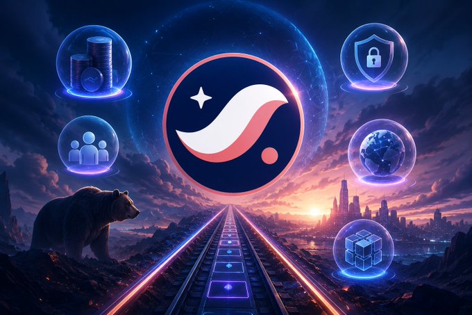 A glowing Starknet logo sits at the center of a cosmic landscape, surrounded by icons representing its ecosystem pillars (staked tokens, security, users, global reach, and builders), with a bear standing on the left side—symbolizing how the Starknet team is actively building infrastructure during a bear market rather than waiting for a bull cycle.
