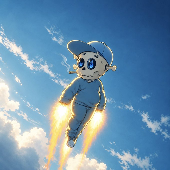 An illustration depicts a skull-faced cartoon character wearing a blue cap and tracksuit, smoking a cigar while flying upward using rocket boots in a cloudy sky.