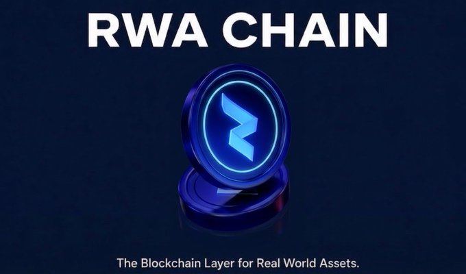 A promotional graphic for 'RWA CHAIN,' described as 'The Blockchain Layer for Real World Assets,' featuring a glowing blue coin-like logo.