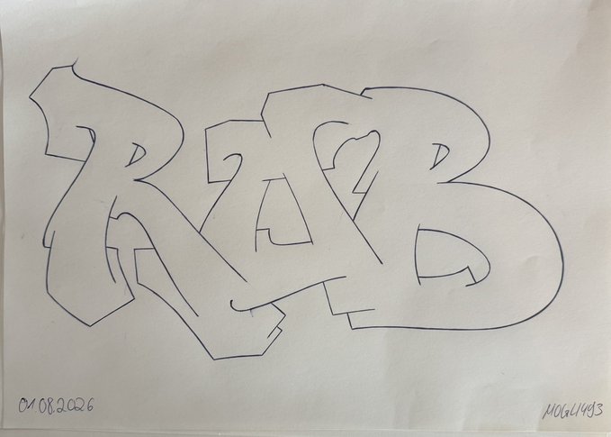 A hand-drawn graffiti-style sketch of the letters 'RAB' or similar stylized text in blue ink on white paper, with 'M08.2026' and 'MG64493' written in the corners.